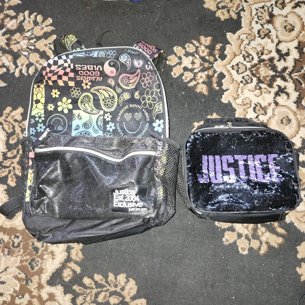 BUNDLE! Justice Black Shimmer Backpack and Sequin Lunchbox Set